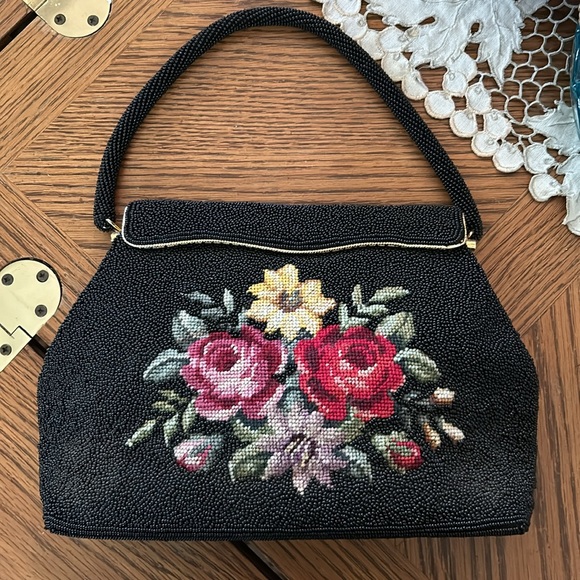 Vintage Handbags - Vintage Hand Beaded Floral Needlepoint Handbag